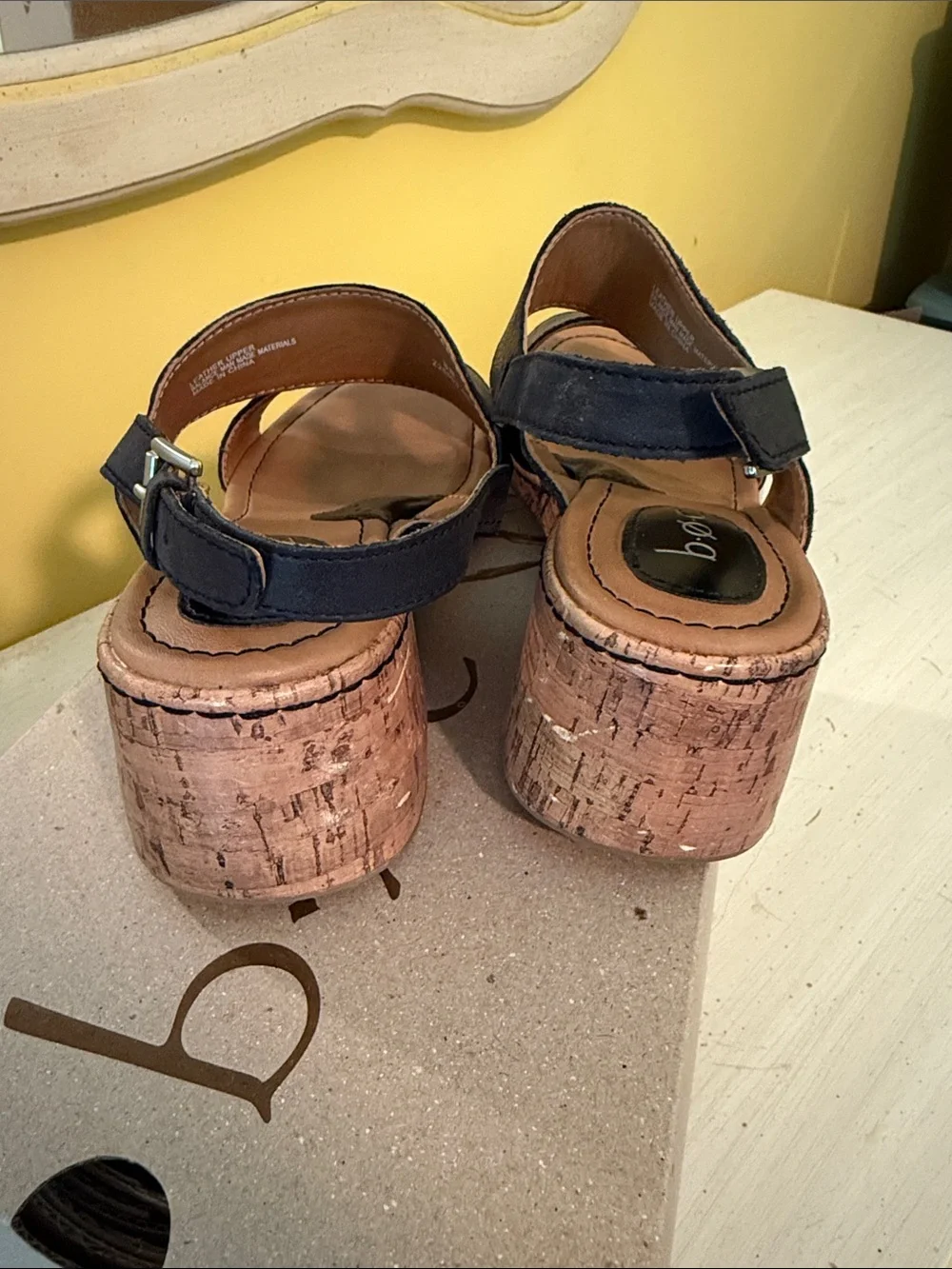 b.o.c. Black Leather Cork Wedge Sandals